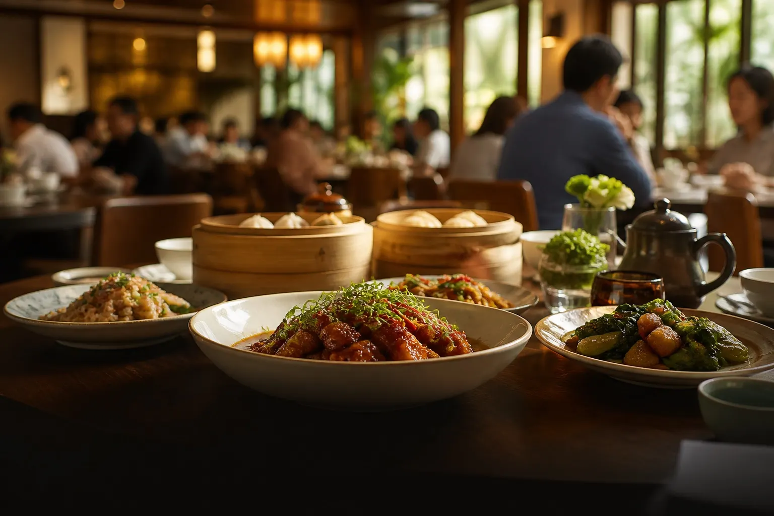 暖光餐厅中的中式菜品与用餐场景